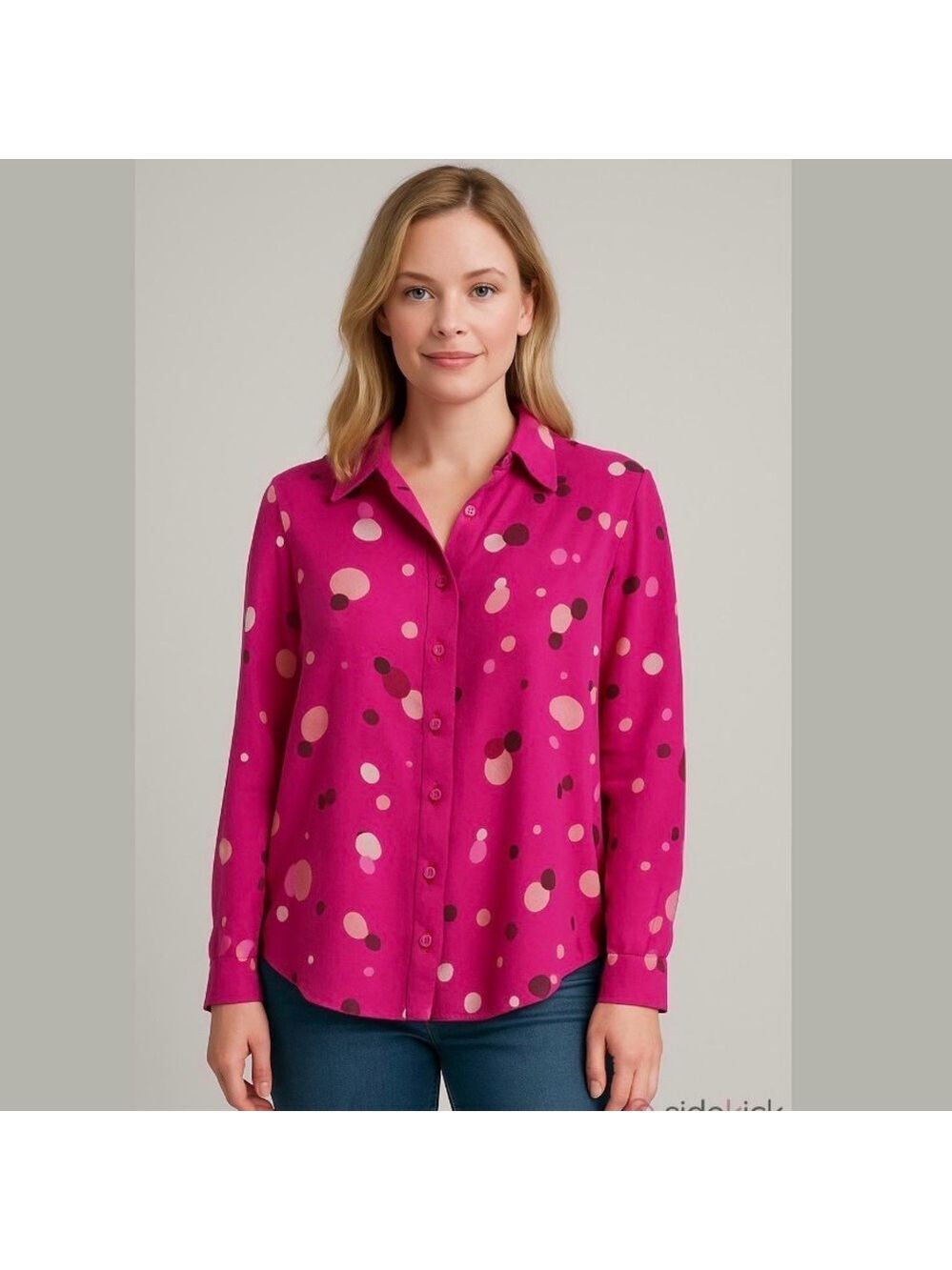 Vintage x New York Design Company Fuchsia Polka Dot Button Down Shirt 100% Silk